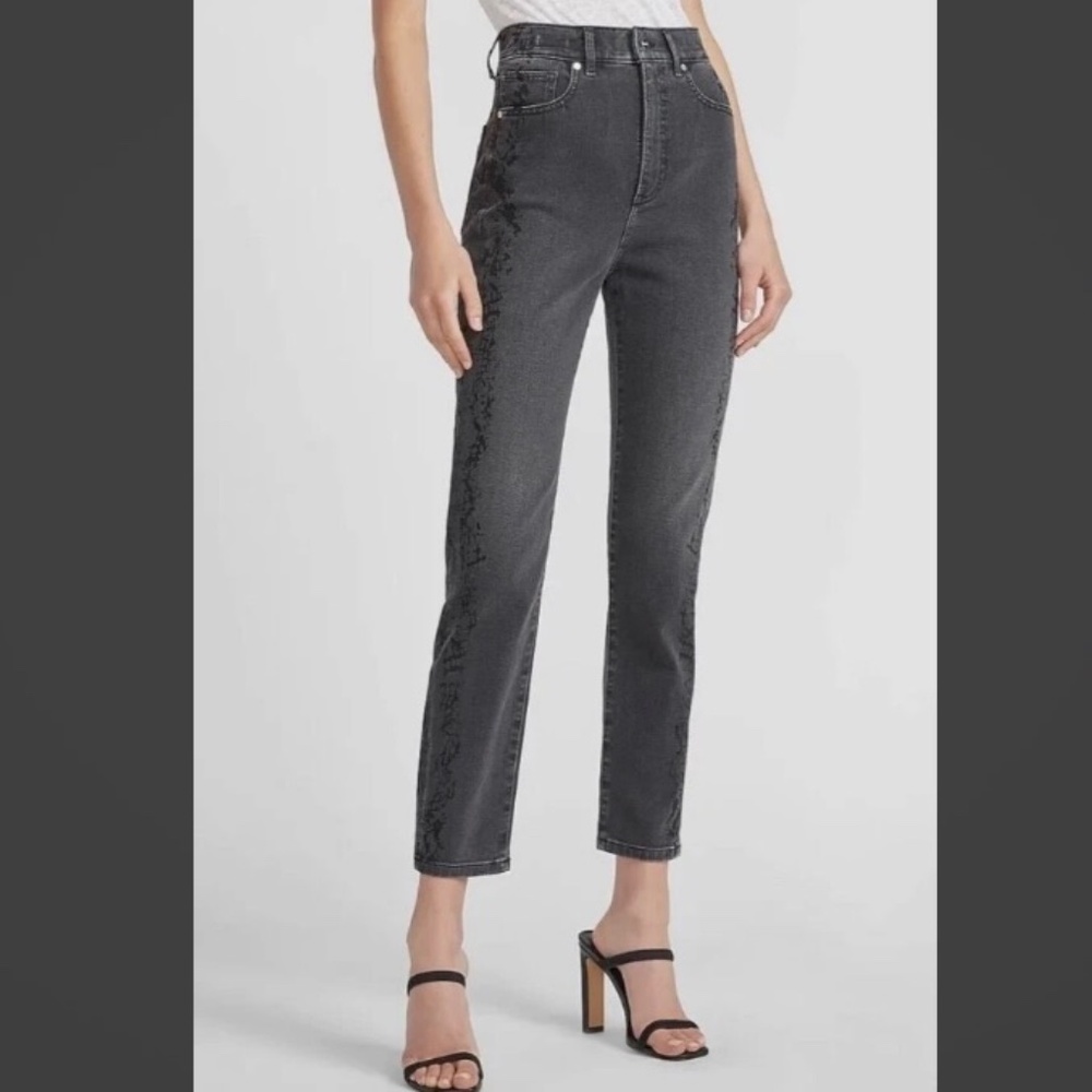 Tall! Express Black Tonal Snakeskin Print Ankle Jeans